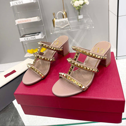 VALENTINO 26S ROCKSTUD STRAPPY BLOCK HEEL SLIDE SANDALS IN NUDE PINK CALFSKIN GOLD HARDWARE