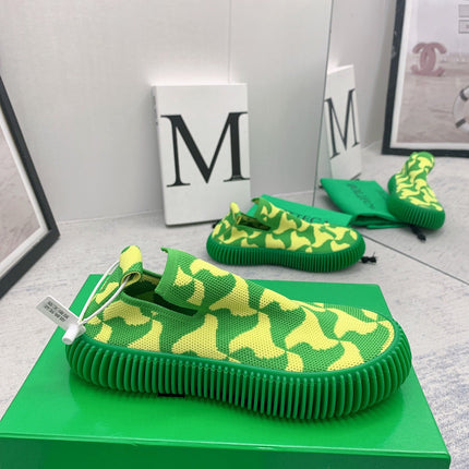 BOTTEGA VENETA 26S SLIP-ONS IN LIGHT GREEN MIX YELLOW FABRIC WITH RUBBER SOLE
