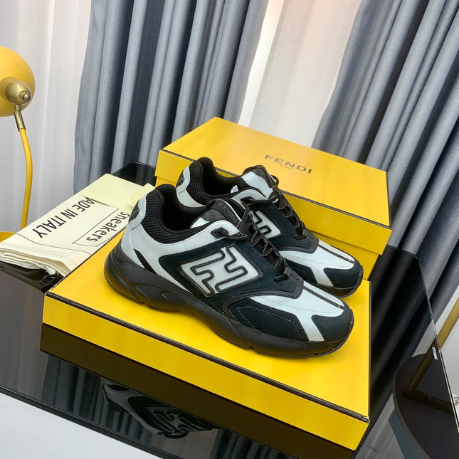 FENDI FASTER TRAINER IN BLACK SUEDE MIX WHITE CALFSKIN