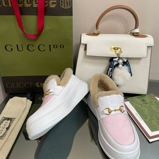 GG LOAFER IN WHITE MIX LIGHT PINK CALFSKIN WITH BEIGE WOOL LINING