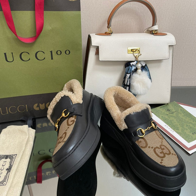 GG LOAFER IN PEANUT BROWN JACQUARD AND BLACK CALFSKIN WITH BEIGE WOOL LINING