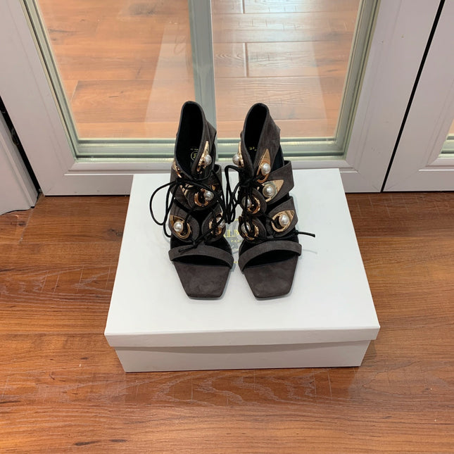 BALMAIN 25S HIGH HEELS 95MM IN CHARCOAL BROWN SUEDE WITH PEARL