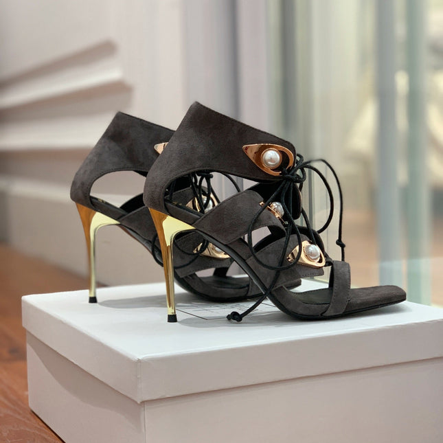 BALMAIN 25S HIGH HEELS 95MM IN CHARCOAL BROWN SUEDE WITH PEARL