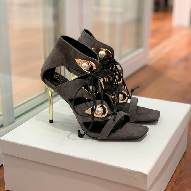 BALMAIN 25S HIGH HEELS 95MM IN CHARCOAL BROWN SUEDE WITH PEARL