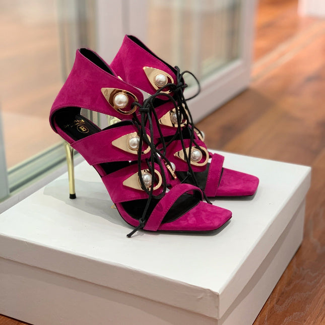 BALMAIN 25S HIGH HEELS 95MM IN FUCHSIA SUEDE WITH PEARL