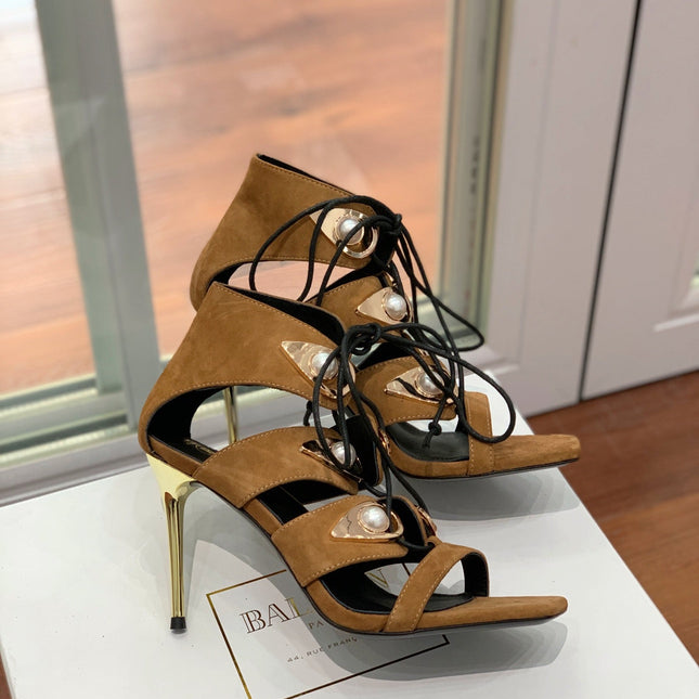 BALMAIN 25S HIGH HEELS 95MM IN DARK BROWN SUEDE WITH PEARL