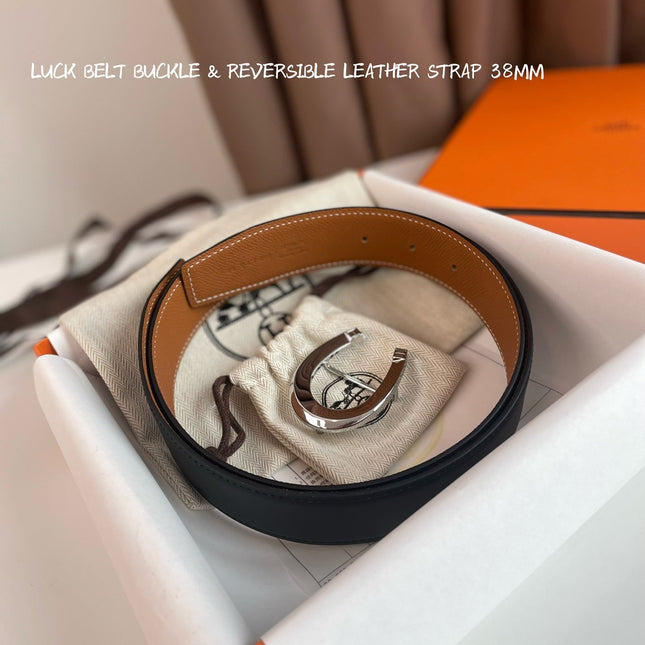 LUCK BELT BUCKLE & REVERSIBLE GINGER ORANGE AND BLACK LEATHER STRAP 38MM SILVER HARDWARE