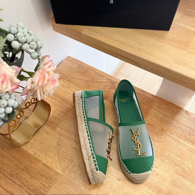 SL YVES LOGO SLIP ON DARK GREEN CALFSKIN AND MESH