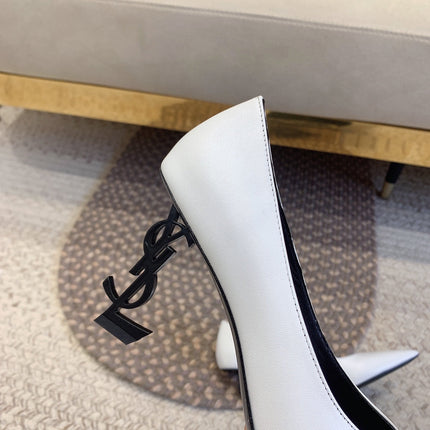 OPYUM BLACK HEEL PUMPS IN WHITE SMOOTH LAMBSKIN