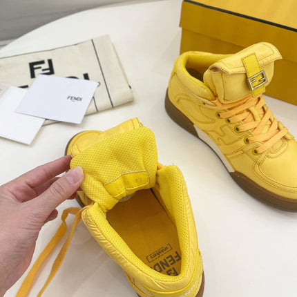 FENDI LOGO SOCK SNEAKER BOOTS IN CORN YELLOW LAMBSKIN
