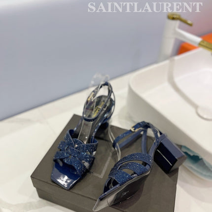 SL TRIBUTE CRYSTAL SANDALS GLOSSY NAVY CALFSKIN