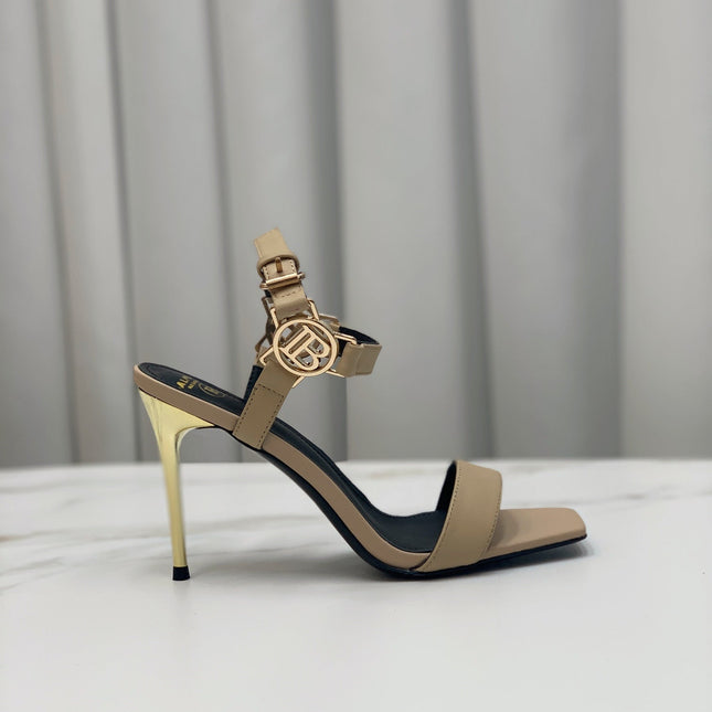 BALMAIN 25S HIGH HEELS WITH B METAL DETAIL 95MM IN LIGHT BROWN CALFSKIN