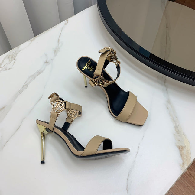 BALMAIN 25S HIGH HEELS WITH B METAL DETAIL 95MM IN LIGHT BROWN CALFSKIN