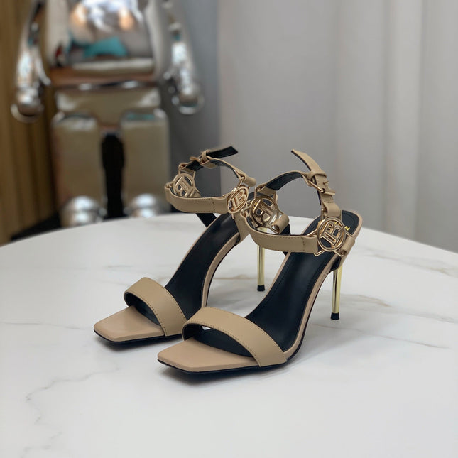BALMAIN 25S HIGH HEELS WITH B METAL DETAIL 95MM IN LIGHT BROWN CALFSKIN
