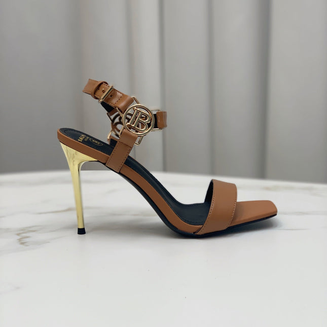 BALMAIN 25S HIGH HEELS WITH B METAL DETAIL 95MM IN CARAMEL CALFSKIN