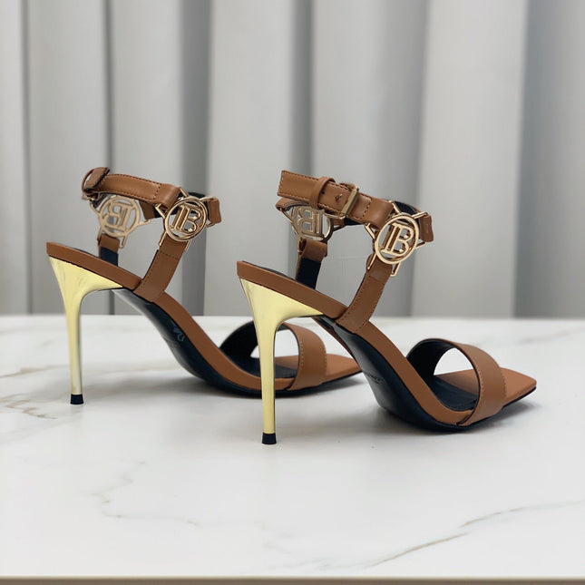 BALMAIN 25S HIGH HEELS WITH B METAL DETAIL 95MM IN CARAMEL CALFSKIN