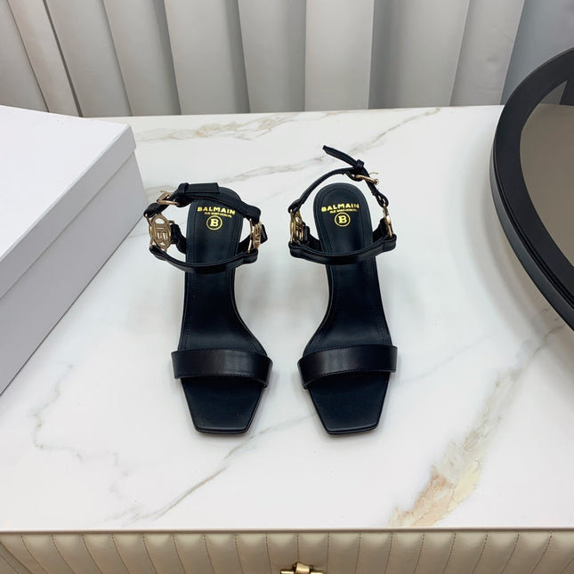 BALMAIN 25S HIGH HEELS WITH B METAL DETAIL 95MM IN BLACK CALFSKIN