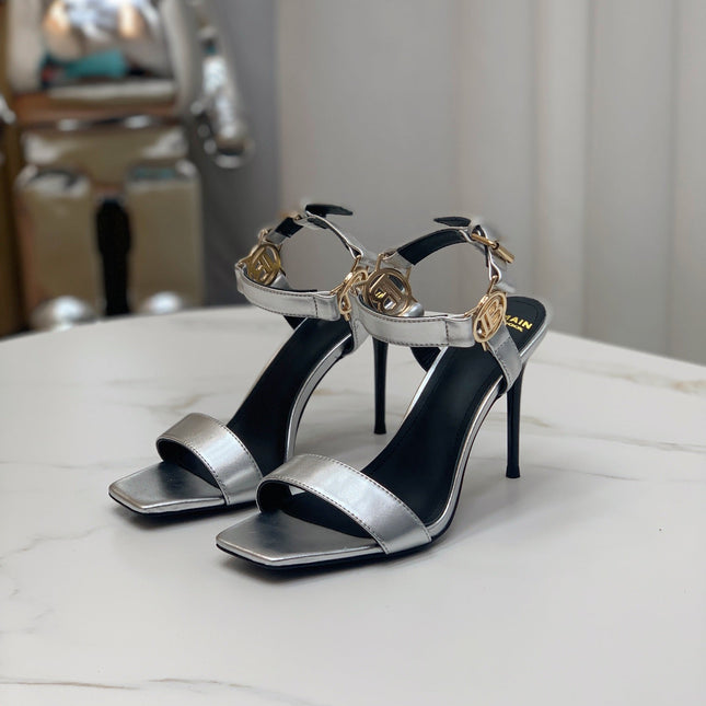 BALMAIN 25S HIGH HEELS WITH B METAL DETAIL 95MM IN SILVER CALFSKIN