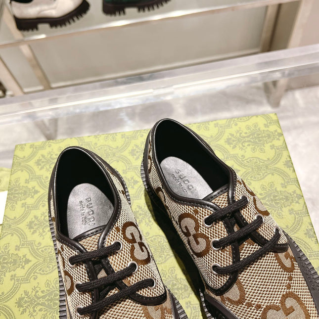 GUCCI 26S LACE-UP SHOES IN BEIGE AND BLACK GG CANVAS