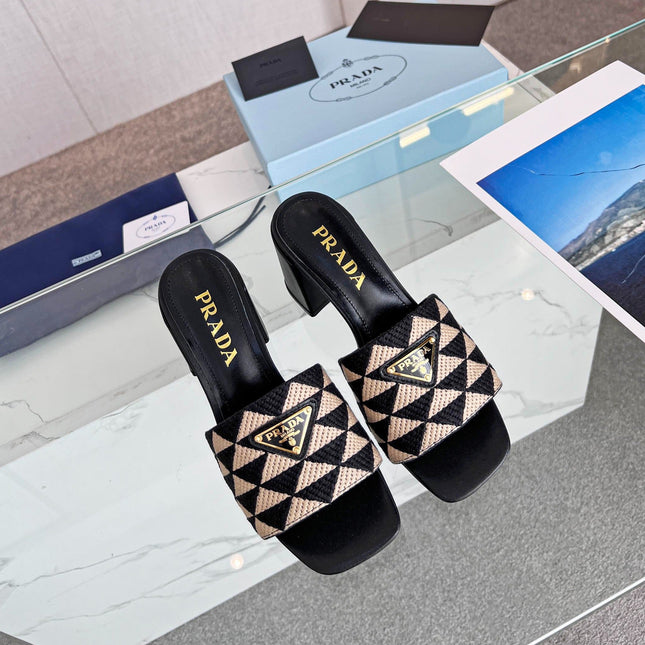 PRA EMBROIDERED SLIDES 65 BLACK AND BEIGE FABRIC