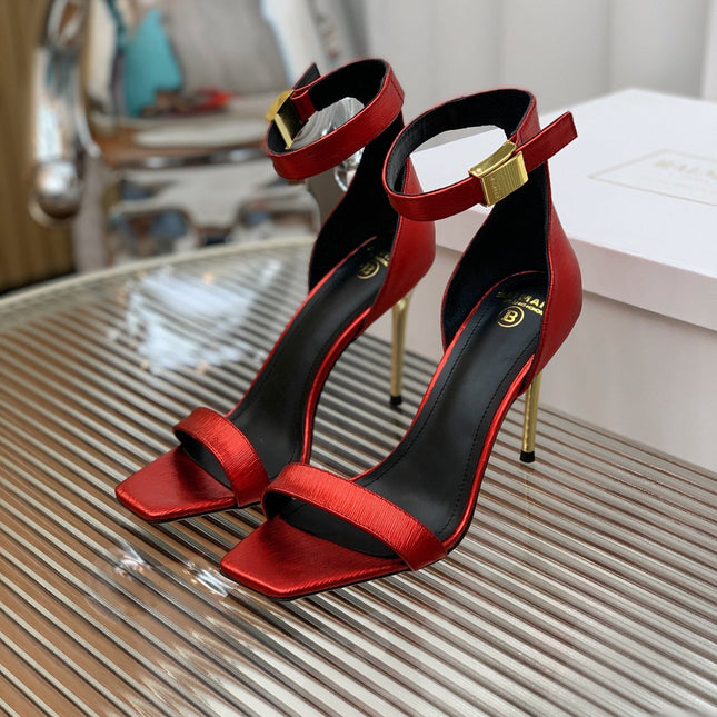 BALMAIN 25S METAL BUCKLE HIGH HEELS 95MM IN CHERRY RED CALFSKIN
