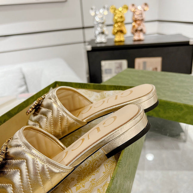 GG SPARKLE CRYSTAL SLIDE SANDAL METALLIC GOLD CALFSKIN