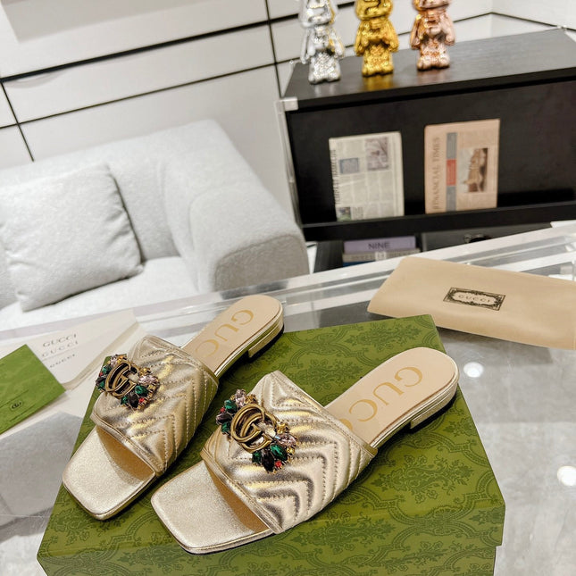 GG SPARKLE CRYSTAL SLIDE SANDAL METALLIC GOLD CALFSKIN