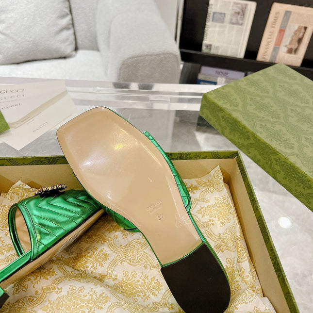 GG SPARKLE CRYSTAL SLIDE SANDAL METALLIC GREEN CALFSKIN