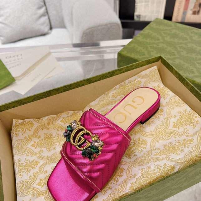 GG SPARKLE CRYSTAL SLIDE SANDAL METALLIC PINK CALFSKIN