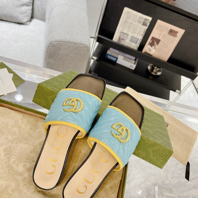 GG EXCLUSIVE SLIDE SANDAL SKY AND BLACK CALFSKIN