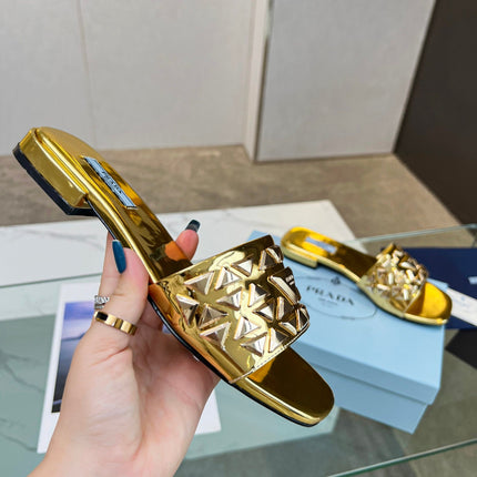 PRA EMBROIDERED SLIDES FLAT METALLIC GOLD CALFSKIN