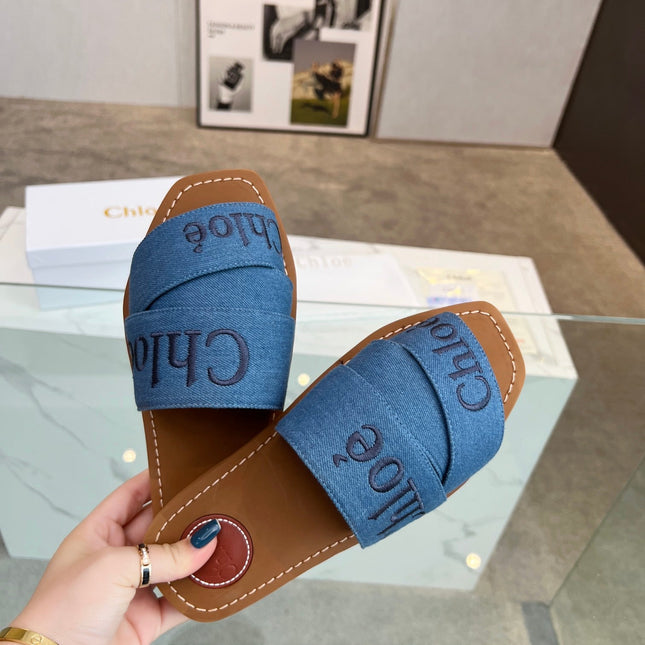 WOODY MULE IN COBALT BLUE DENIM WITH EMBROIDERED LOGO