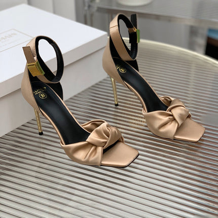 BALMAIN 25S KNOTTED HIGH HEELS 95MM IN LIGHT CARAMEL SATIN