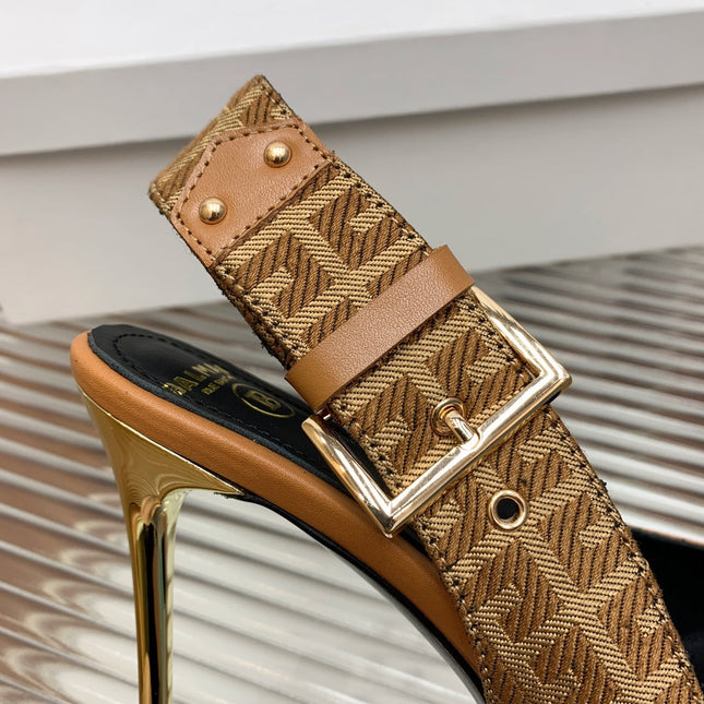 BALMAIN 25S SLINGBACK SHOES 95MM IN DARK BROWN CALFSKIN