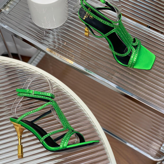 BALMAIN 25S MONETA SANDAL 95MM IN DARK GREEN CALFSKIN WITH CRYSTAL