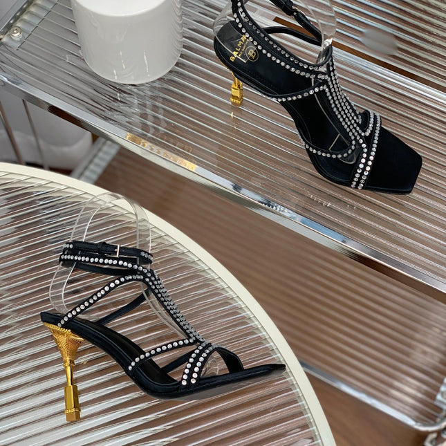 BALMAIN 25S MONETA SANDAL 95MM IN BLACK CALFSKIN WITH CRYSTAL