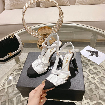 Double C  Heeled Sandals White Black Lambskin