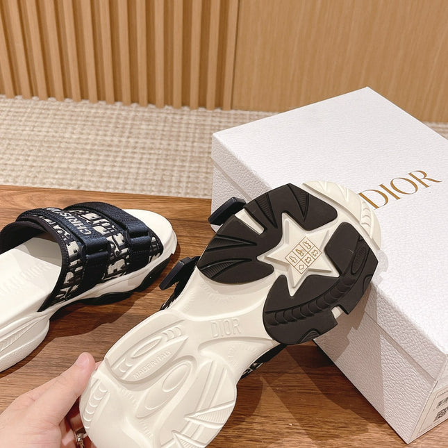 DIOR PLATFORM SLIDES 25S 30 MM IN MIDNIGHT BLUE MIX WHITE FABRIC AND CALFSKIN