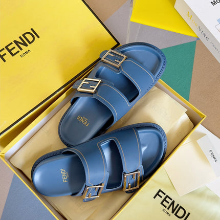 FENDI BAGUETTE DAD SANDALS IN CERULEAN BLUE CALFSKIN