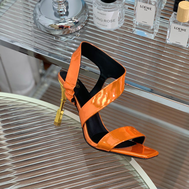 BALMAIN 25S HIGH HEEL SANDALS 95MM IN BURNT ORANGE GLOSSY CALFSKIN