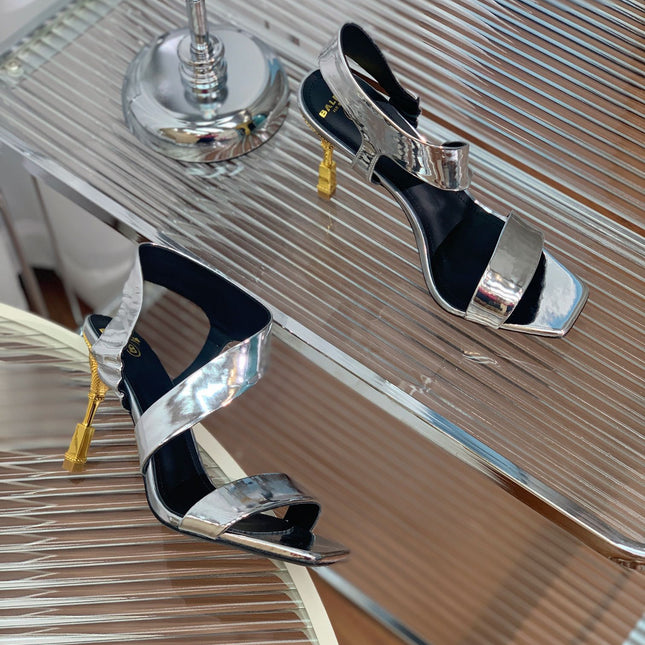 BALMAIN 25S HIGH HEEL SANDALS 95MM IN SILVER GLOSSY CALFSKIN