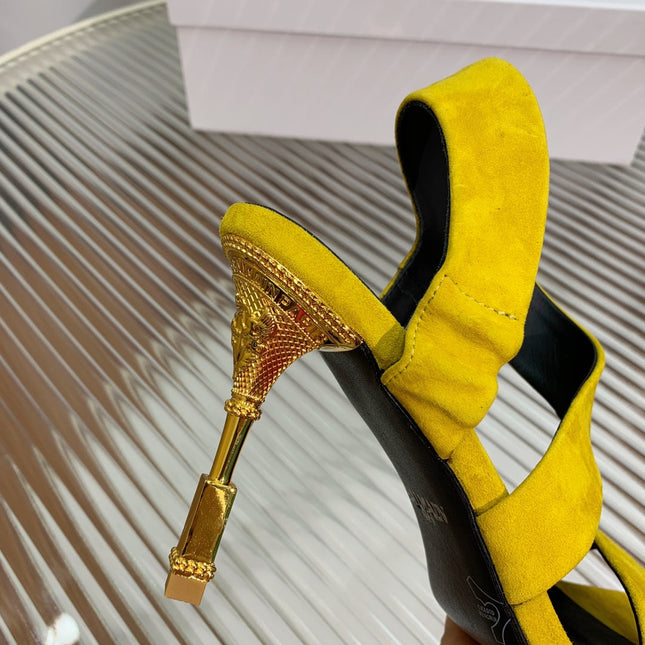 BALMAIN 25S HIGH HEEL SANDALS 95MM IN GOLDEN YELLOW SUEDE