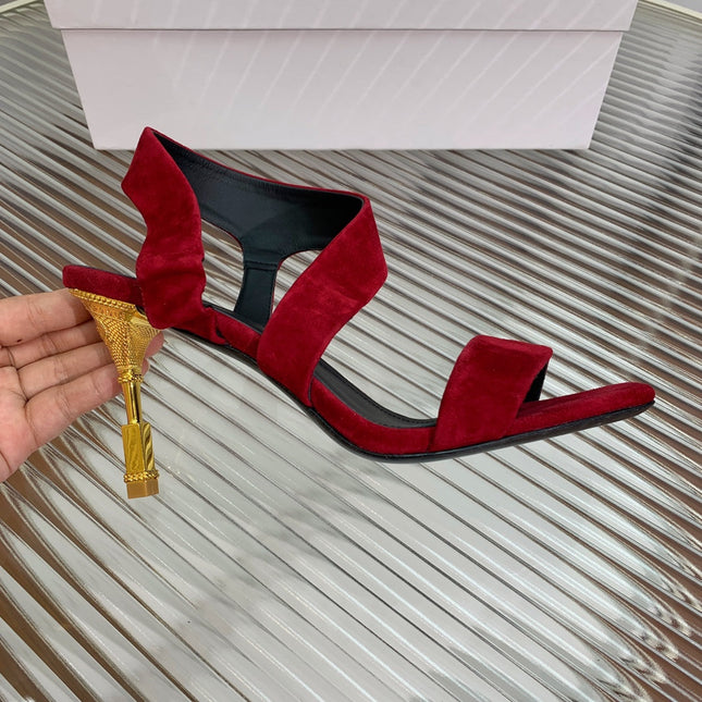 BALMAIN 25S HIGH HEEL SANDALS 95MM IN DARK CRIMSON SUEDE