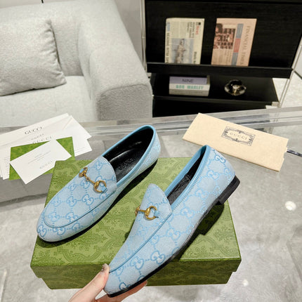 MEN'S LOAFER WITH HORSEBIT IN LIGHT BLUE MONOGRAM JACQUARD FABRIC