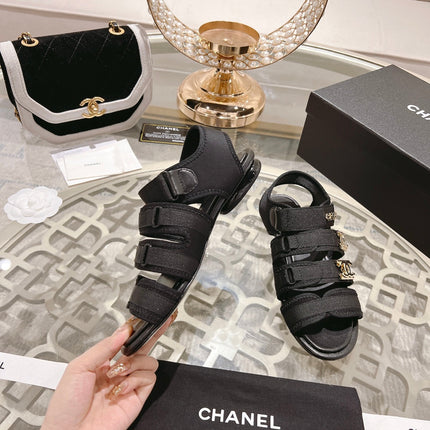 Double C  Xiaoxiang Chain Fabric Head Chunky Sandal Black Lambskin