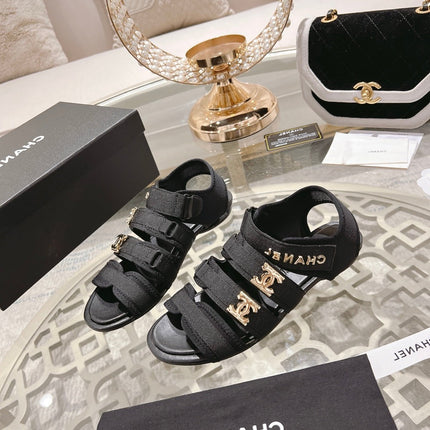 Double C  Xiaoxiang Chain Fabric Head Chunky Sandal Black Lambskin