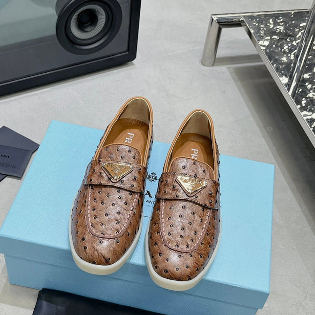 PRA OSTRICH PATTERN LOAFERS CARAMEL CALFSKIN