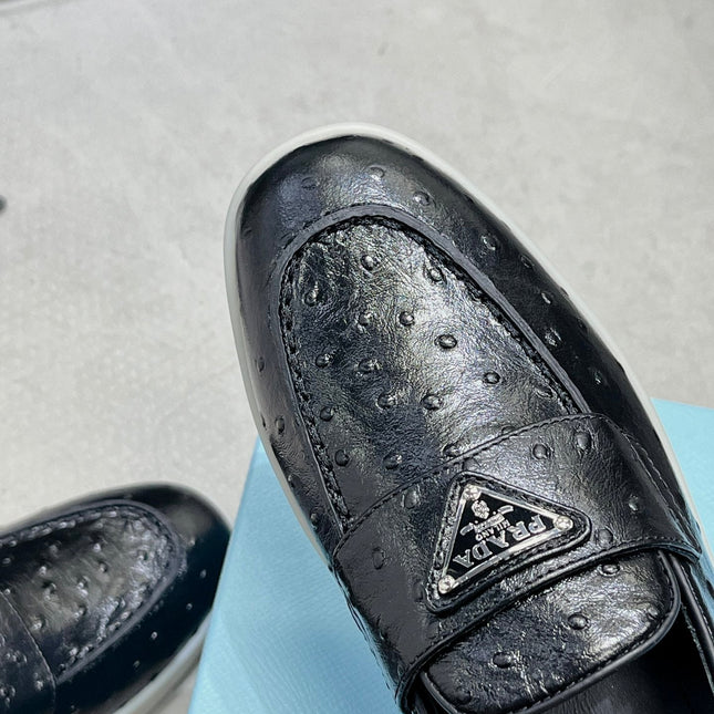 PRA OSTRICH PATTERN LOAFERS BLACK CALFSKIN