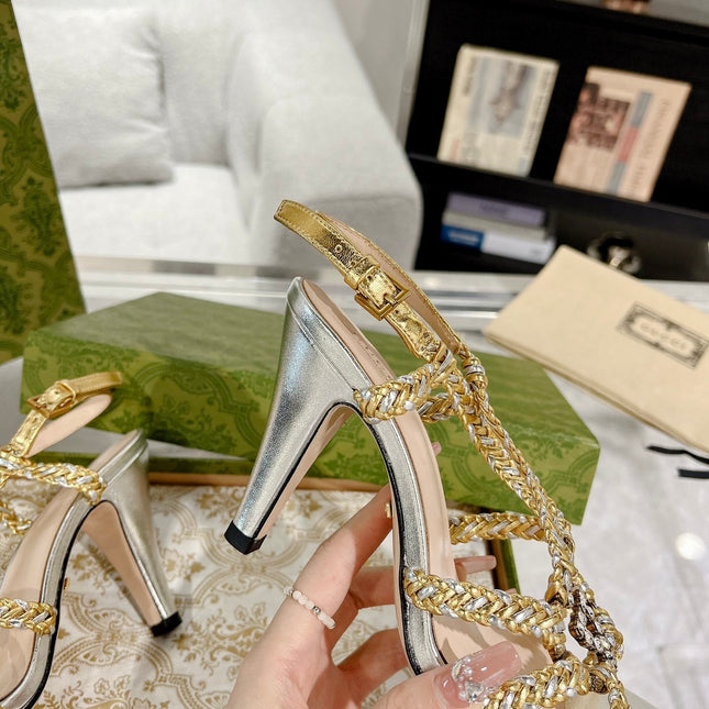 GG CRYSTAL HIGH HEEL SANDAL SLIVER CALFSKIN SPECIAL