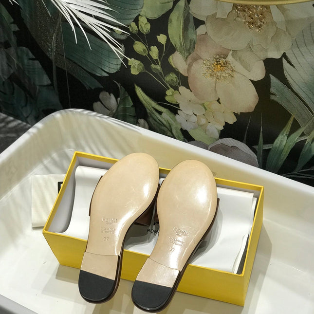 FENDI BAGUETTE SLIDES IN COFFEE BROWN LAMBSKIN